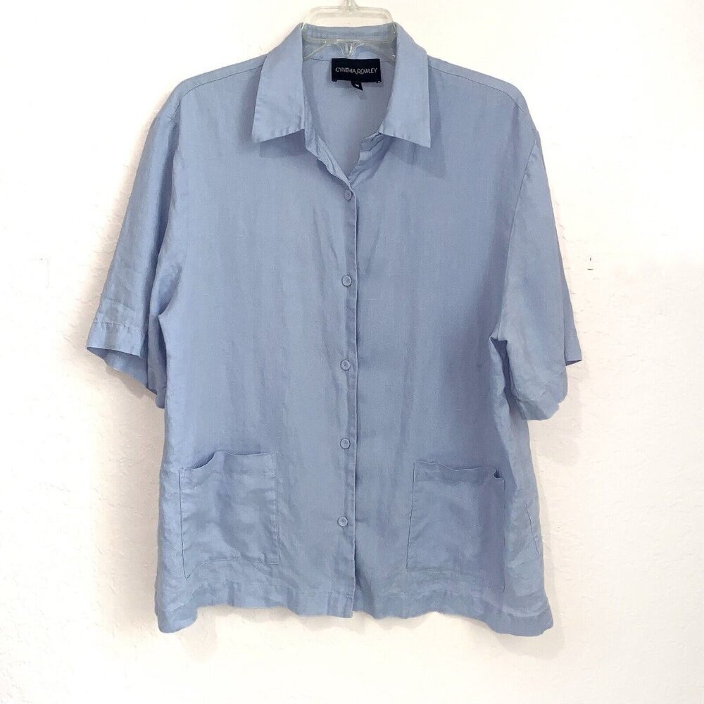 Cynthia Rowley Isola Linen Top Womens Medium Button Up Pockets Boxy Crop Blue
